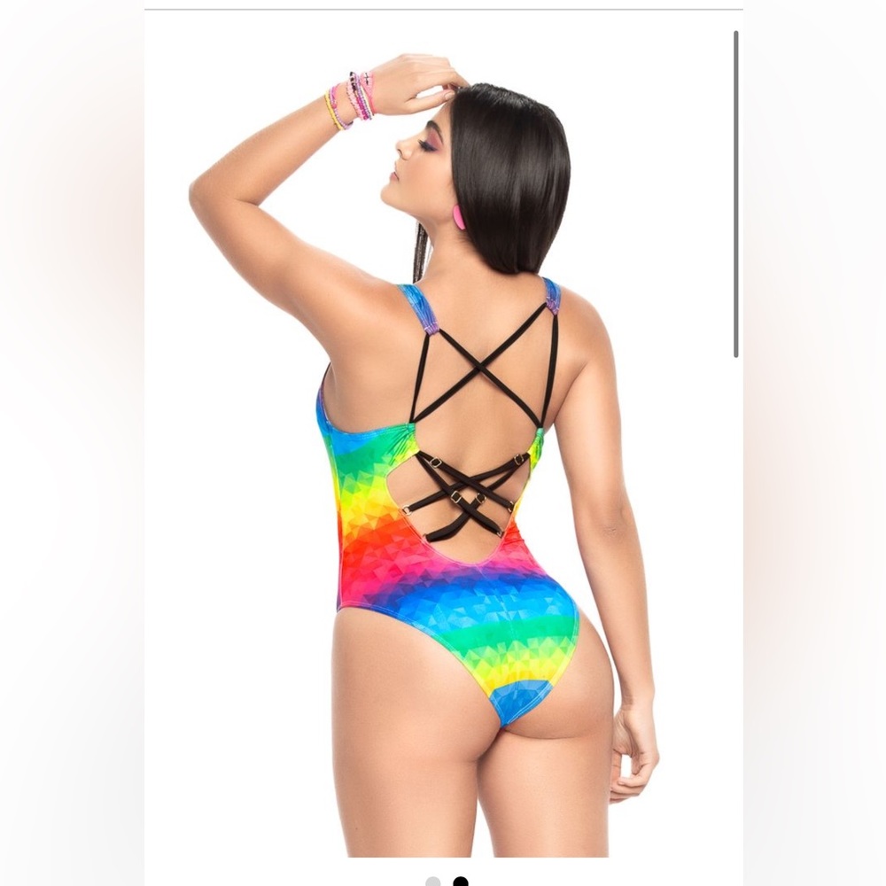 NWT Mapalé pixel geometric rainbow bodysuit with criss cross back size m/l